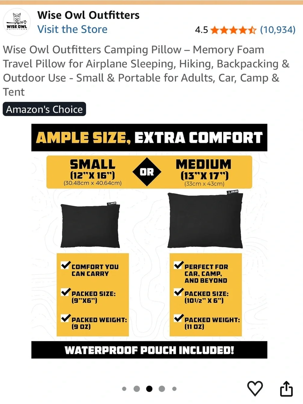 NWT Wise Owl Outfitters The Snoozy Camp Pillow Medium Size - Black and Gray